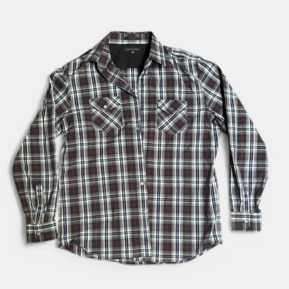 Banana Republic Men's Plaid Shirt - Black, White and red